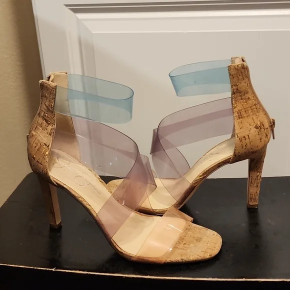 Jessica Simpson Multi Colored Clear Strap Cork Heels - Picture 2 of 5